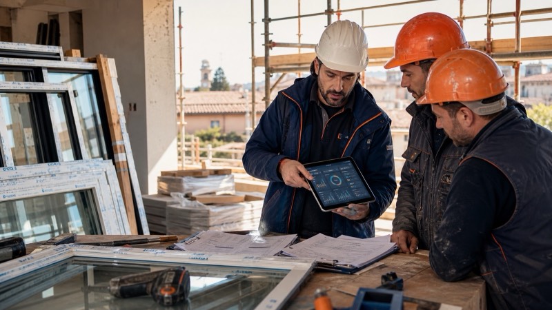Squadra edile che aggiorna il lavoro dal cantiere